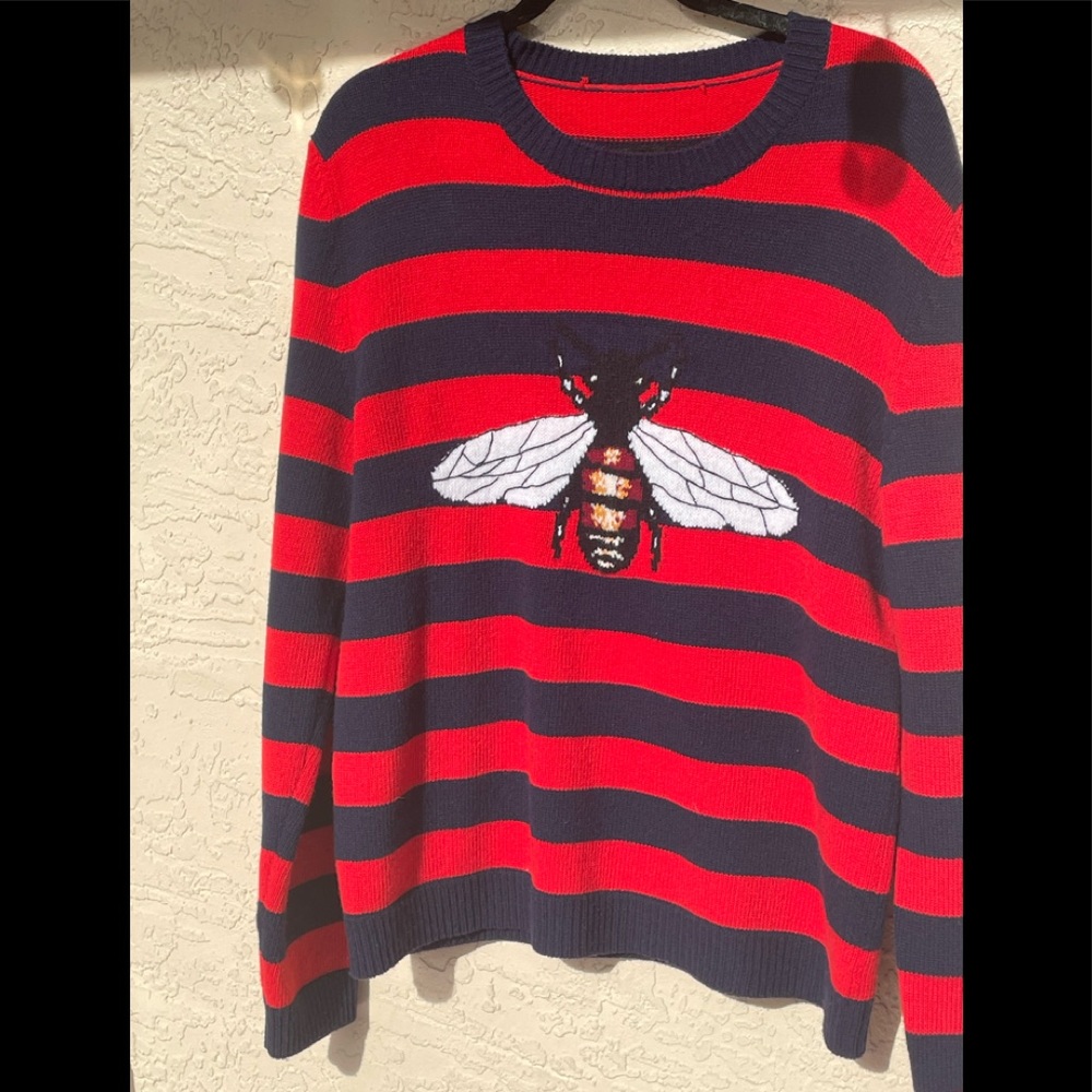 Gucci Men's Blue and red Striped Wool Sweater With Bee